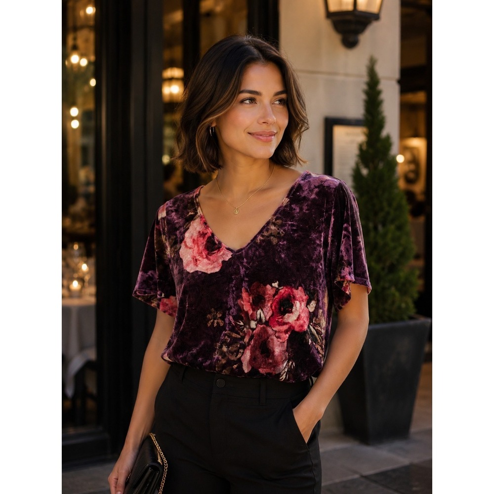 Velvet Burgundy Red Floral V Neck Top Sz‎ S Whimsigoth Dark Romantic Dark Fairy